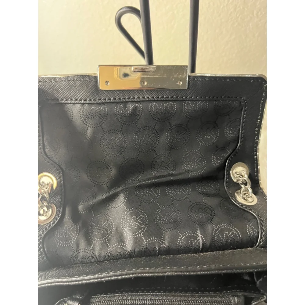 Michael Kors Sloan Specchio Shoulder Flap Bag Black Saffiano Leather Silver Trim